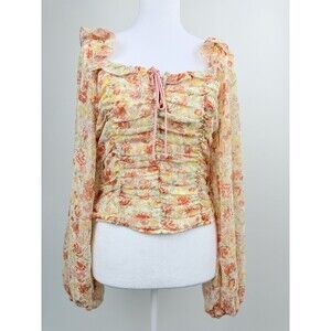 Free People Mabel Floral Blouse Womens Small Boho Sheer Long Sleeve Ruched Coque